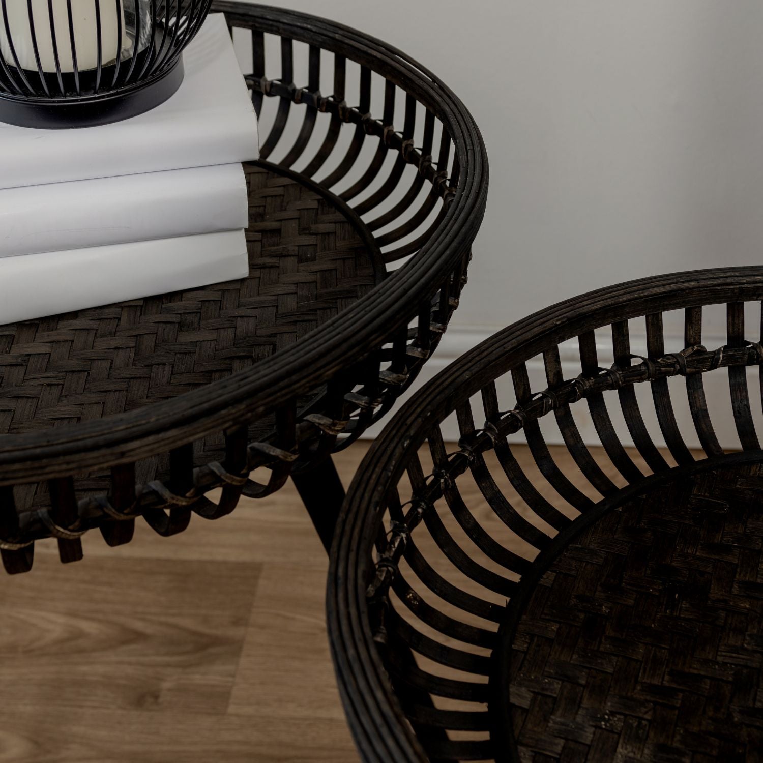 Set of Two Black Bamboo Side Tables